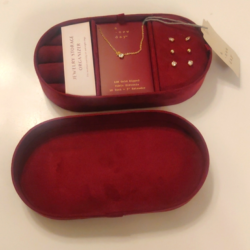 New! A New Day Burgundy Gold Dipped Cubic Zirconia Necklace and Stud Earring Set